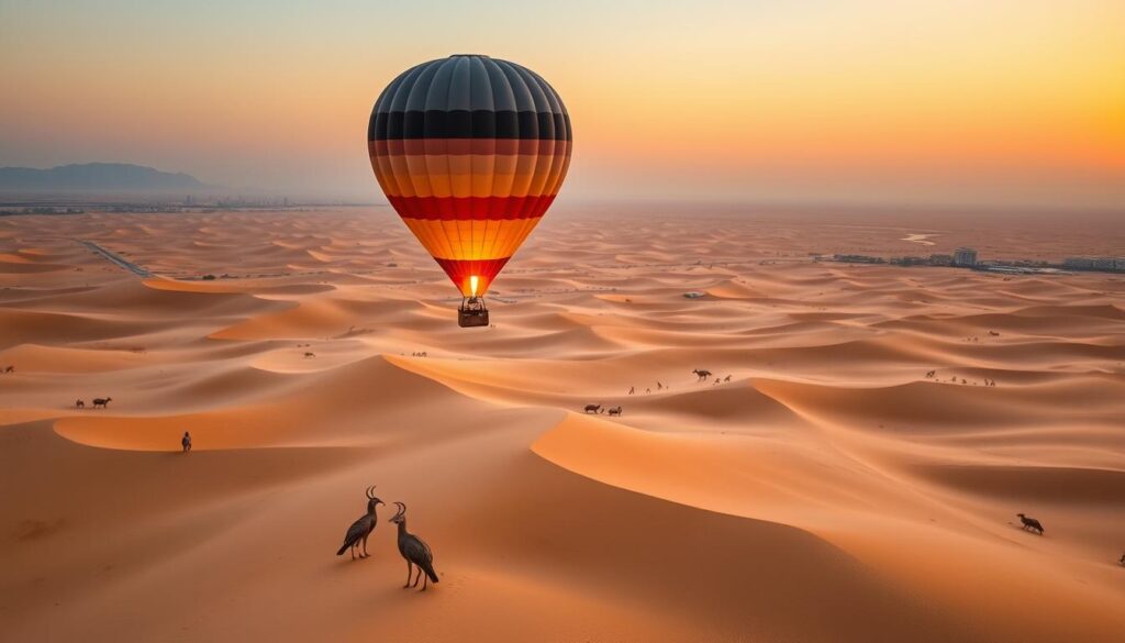 adventure balloon rides Dubai, wildlife safari Dubai, desert animals aerial view