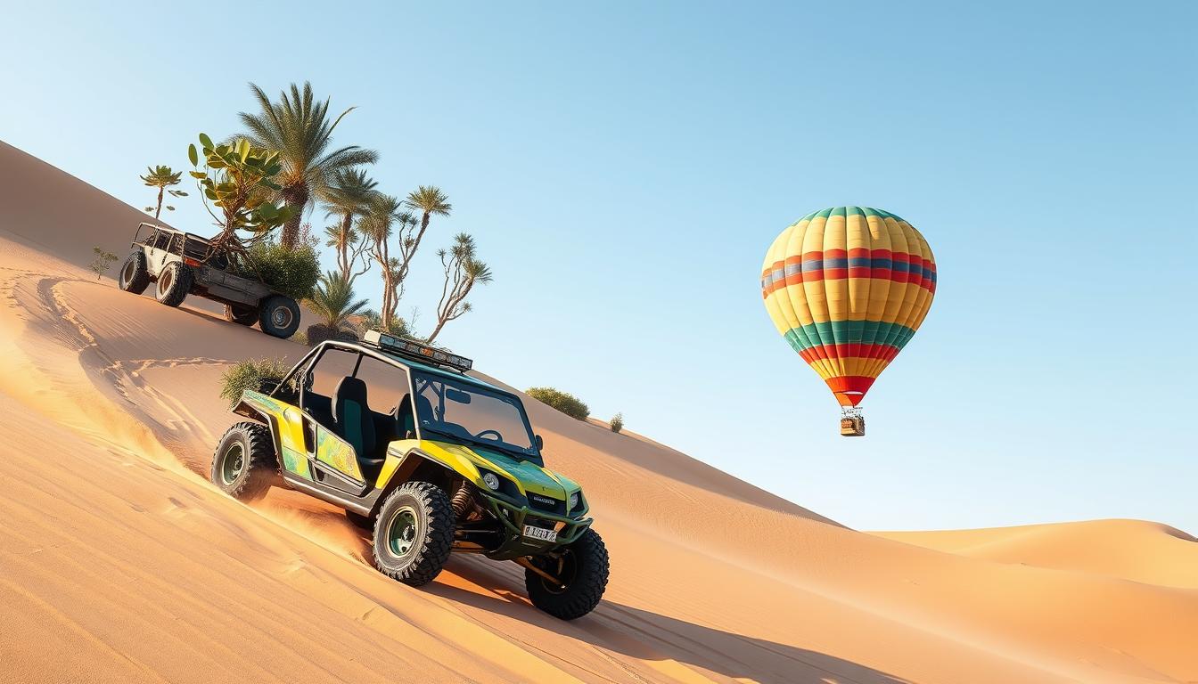 eco-friendly travel Dubai, sustainable desert activities, dune buggy vs balloon